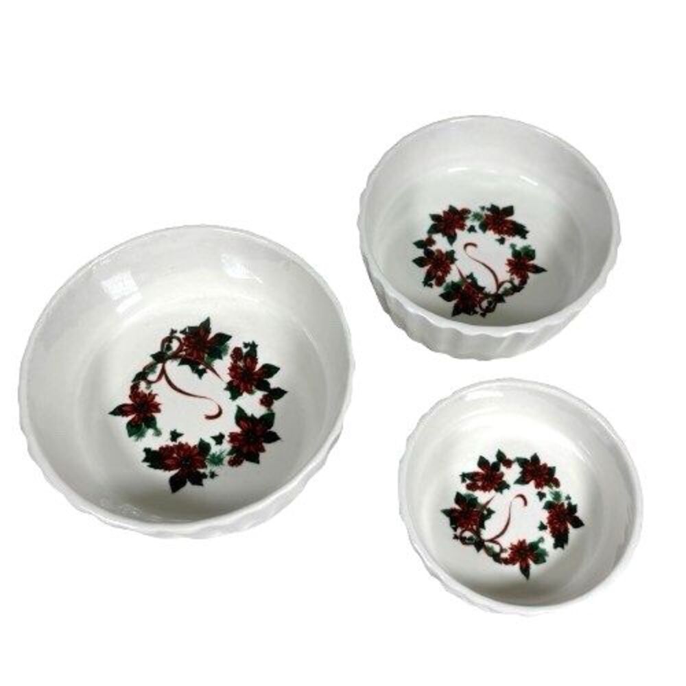 Holiday Christmas Ramekins Bowls Poinsettia Holly Fluted Century Stoneware Set 3